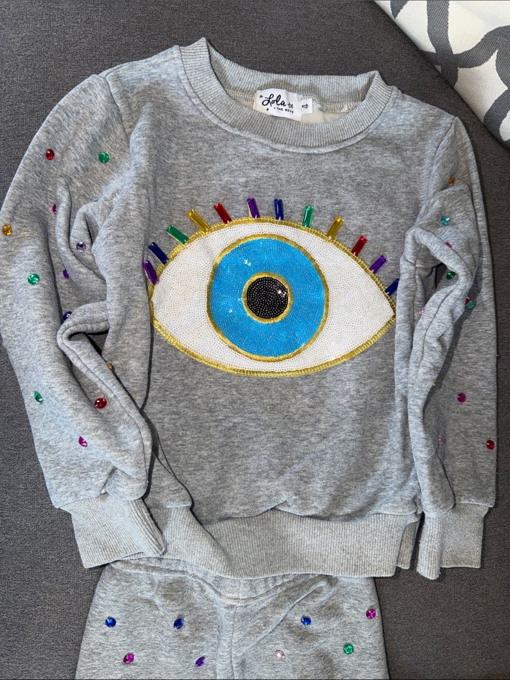 Lola + The Boys Gray Sweatshirt & Sweatpants Set with Multicolor Embellishments - Picture 2 of 3